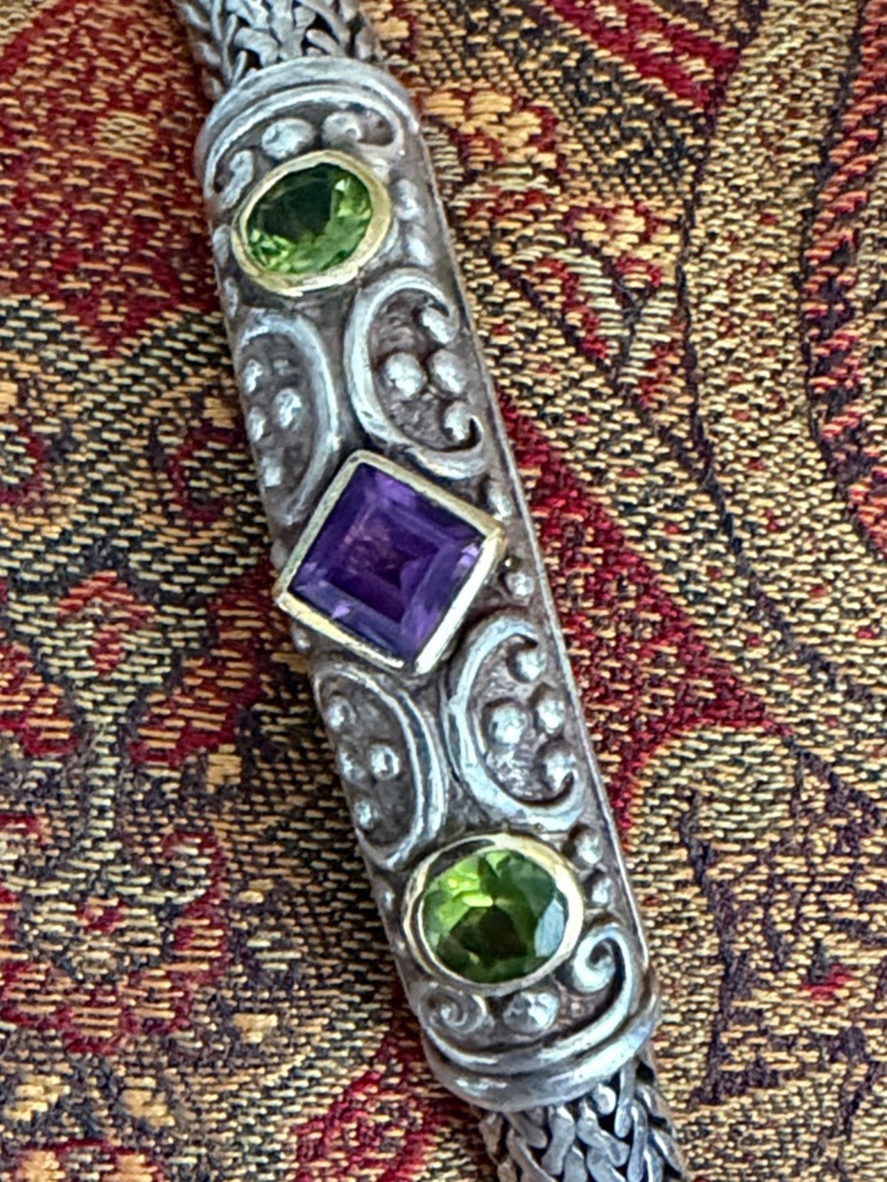 Intricate Sterling Silver Braided Women's Bracelet amethyst and peridot - Picture 8 of 17